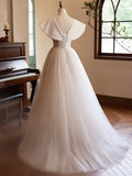 Beautiful Champagne Long Prom Dresses, A-Line Princess V-Neck Bow Sleeveless Backless Formal Dresses HZ1024