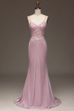 Glitter Blush Mermaid Spaghetti Straps Long Prom Dress with Beading HZ1024