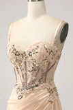 Elegant Champagne Mermaid Pleated Satin Prom Dress With Appliques HZ1024