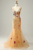 Mermaid Deep V Neck Champagne Long Prom Dress with Appliques HZ1024