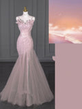 Spaghetti Strap Pink Beaded Mermaid Long Dress HZ1024