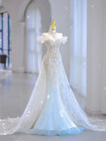 White Strapless Heart Shaped Neckline Beaded Tulle Mermaid Floor Length Wedding Dresses HZ1024
