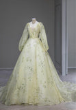 Pale Yellow A-Line V-Neck Long Sleeve Chiffon Long Evening Dresses HZ1024