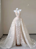 Light Pink Neckline V Neck 3D Printed Tulle Long Evening Dresses HZ1024