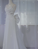 White A-Line Pearl Spaghetti Strap Satin Simple Long Prom Dresses HZ1024