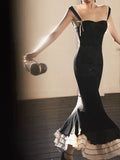 Elegant Black Mermaid Spaghetti Strap Velvet Ankle Length Dresses HZ1024