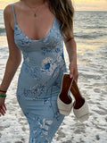 Sexy Blue Mermaid Printed Spaghetti Strap Long Prom Dresses HZ1024