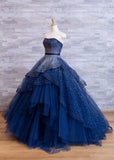 Navy A-Line Tulle Silver Beaded Sequin Strapless Evening Gown HZ1024