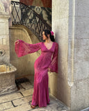 Retro Purple A-line V-neck Long Sleeve Lace Prom Dress HZ1024