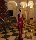 Sexy Burgundy Mermaid Deep V Neck Strapless Satin Formal Prom Dress Evening Gown HZ1024