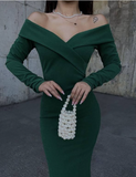 V Neck Off Shoulder Long Sleeve Mermaid Slit Glitter Formal Prom Dress Evening Gown HZ1024