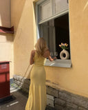 Elegant Light Yellow Mermaid One Shoulder Sleeveless Knitted Drape Long Dress HZ1024