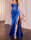 Pink Mermaid Strapless Necklace Satin High Slit Ball Gown Evening Dress HZ1024