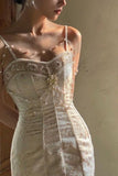 Vintage Ivory Mermaid Spaghetti Strap Pearl Lace Ankle-Length Ball Gown Evening Dress HZ1024