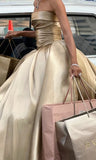 Simple Gold A-line Off-shoulder Sleeveless Satin Formal Floor-length Ball Gown Evening Dress HZ1024