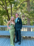 Simple Soft Satin Green Mermaid Off-the-shoulder High Slit Ball Gown Evening Dress HZ1024