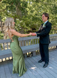 Simple Soft Satin Green Mermaid Off-the-shoulder High Slit Ball Gown Evening Dress HZ1024