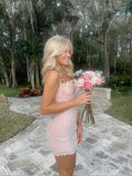 Beautiful Pink Mermaid Off-shoulder Beaded Short Party Dress Homecoming Dress HZ1024