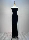 Black Mermaid Velvet Long Party Dress, Black Straps Prom Dress Formal Dress HZ1024