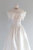 Vintage French Ivory A-line Off-the-shoulder Sequin Beaded Wedding Dress HZ1024
