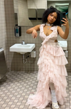 Sexy Pink A-line Low Neck Sleeveless Tulle Long Ball Gown Evening Dress HZ1024