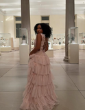 Sexy Pink A-line Low Neck Sleeveless Tulle Long Ball Gown Evening Dress HZ1024