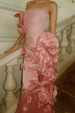 Elegant Pink Strapless Tulle 3D Flower Beaded Satin Mermaid Ball Gown Evening Dress HZ1024