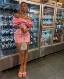 Sweet Pink Satin Bow Off-the-shoulder Bodycon Mini Birthday Party Dress Homecoming Dress HZ1024