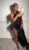 Sexy Black Velvet Halter Neck Side Slit Floor-Mounting Ball Gown Evening Dress HZ1024