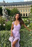 Charming Purple Strapless V-Neck Slit Ruffle Ball Gown Evening Dress HZ1024