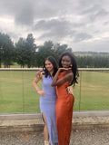 Elegant One Shoulder Soft Bodycon Slit Prom Dress Bridesmaid Dress HZ1024