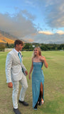 Shiny Blue Spaghetti Strap Slit Floor Length Prom Dress Bridesmaids Dress HZ1024