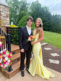 Elegant light yellow off-shoulder V-neck mermaid backless long prom dress bridesmaid dress HZ1024