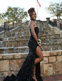 Sexy Black Off Shoulder Sweetheart Neck Sequin Slit Floor-Mounting Prom Dress Evening Dress HZ1024