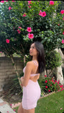 Sweet Pink Lace Halter Bodycon Backless Mini Party Dress Homecoming Dress HZ1024