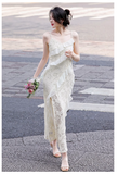 Vintage Fashion Beige Irregular Ruffled Hem Design Elegant A-line Spaghetti Strap Dress HZ1024