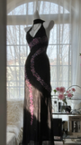 Retro Black V-neck Applique Design Romantic Chiffon Evening Dress Prom Dress HZ1024