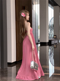 New Fashion Rose Pink Loose-fitting Design A-line Halter Dress HZ1024