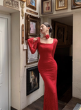 Vintage Fashion Black Square Collar Design Black A-Line Mermaid Long-sleeved Dress HZ1024