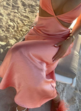 Elegant Pink Prom Dress Satin Sheath Spaghetti Strap Evening Gown Long Party Dress Formal Dress HZ1024