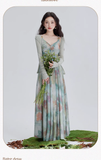 Vintage Fashion Floral Print Design Long-sleeved Cardigan A-line Long Spaghetti Strap Dress HZ1024