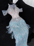 Shiny Light Blue Beaded Sequined Design Mermaid Prom Dress Evening Dress HZ1024