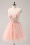 Vintage Pink 3D Flowers Design A-line Sleeveless Spaghetti Strap Homecoming Dress HZ1024