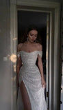 Sparkly Ivory Mermaid Off Shoulder High Slit Cheap Long Prom Dresses Online HZ1024