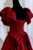 Gorgeous Burgundy V-neck Satin Puffy Sleeves Beading Sweet 16 Quinceanera A-Line Evening Dress Ball Gown HZ1024