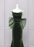 Green Velvet Straps Low Back Evening Dress, Green Velvet Prom Dress HZ1024
