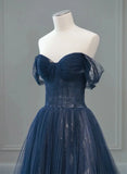 Navy Blue Sweetheart Off Shoulder Tulle Prom Dress, A-line Tulle Formal Dress HZ1024
