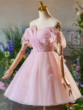 Pink Tulle Knee Length A-Line Party Dress, Lovely Off the Shoulder Prom Dress HZ1024