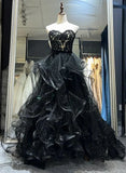 A-line Black Sweetheart Tulle Layers Long Party Dress, Black Tulle Prom Dress HZ1024