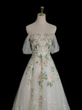 A-Line Tulle Floral Lace Long Prom Dress, White Off the Shoulder Evening Party Dress HZ1024